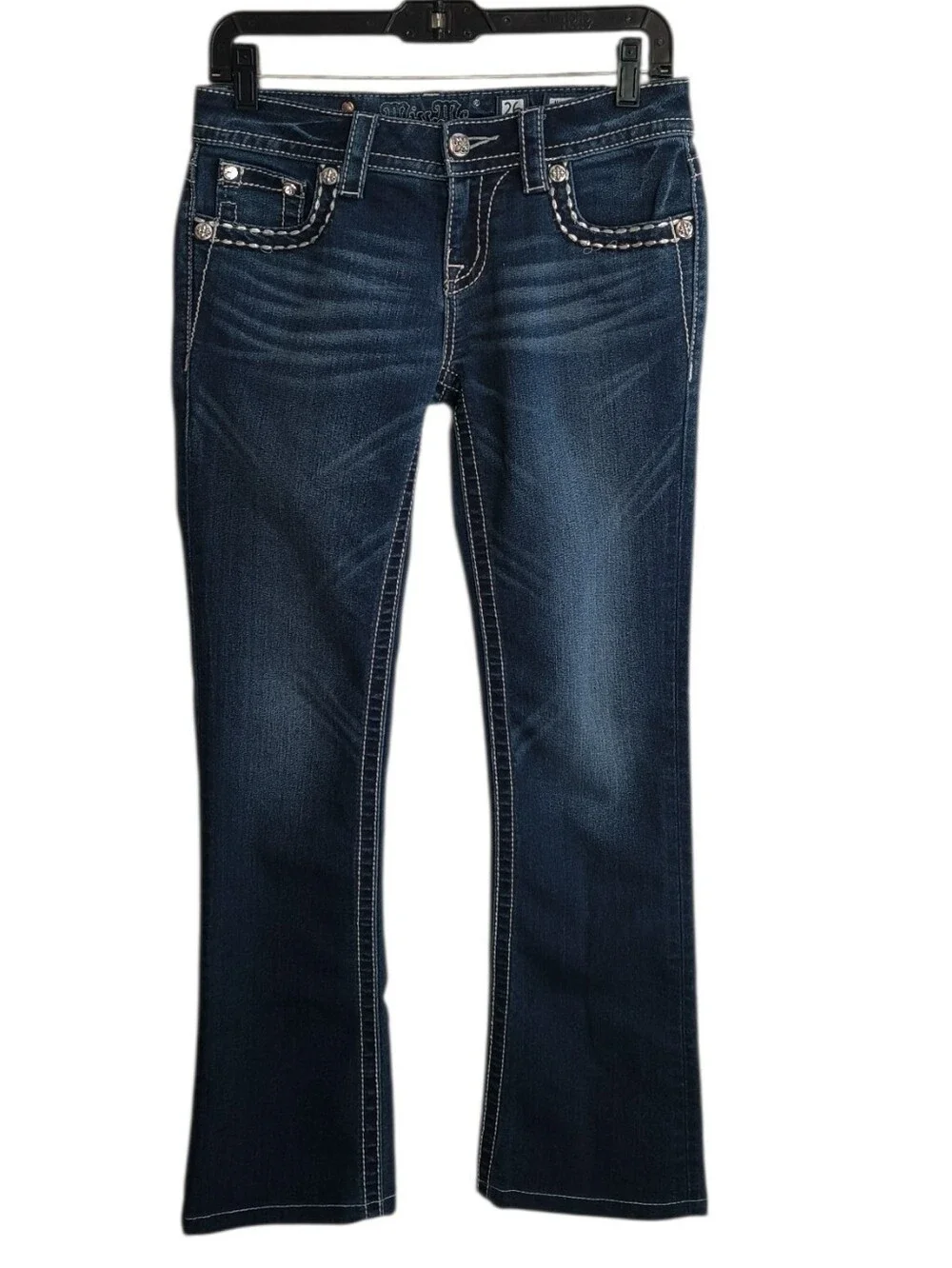 Miss Me Dark Blue Boot Cut Jeans with Rhinestone Cross Pockets Size 26